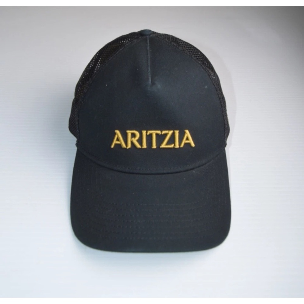 ARITZIA One Size Black Solid Cap with Gold Embroidered Logo Trucker Hat